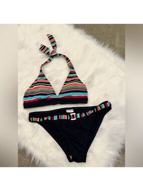 AFF Striped Halter Bikini Set in Navy, Red, Pink, Green and Blue